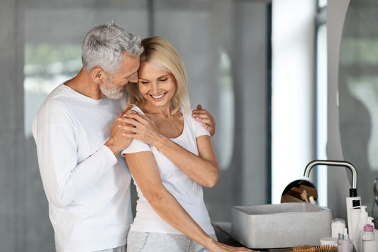 Romantic senior couple enjoying intimacy on later life