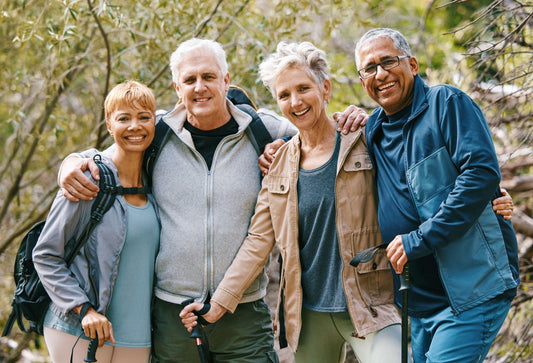 Senior hiking group using cbd for seniors and getting active
